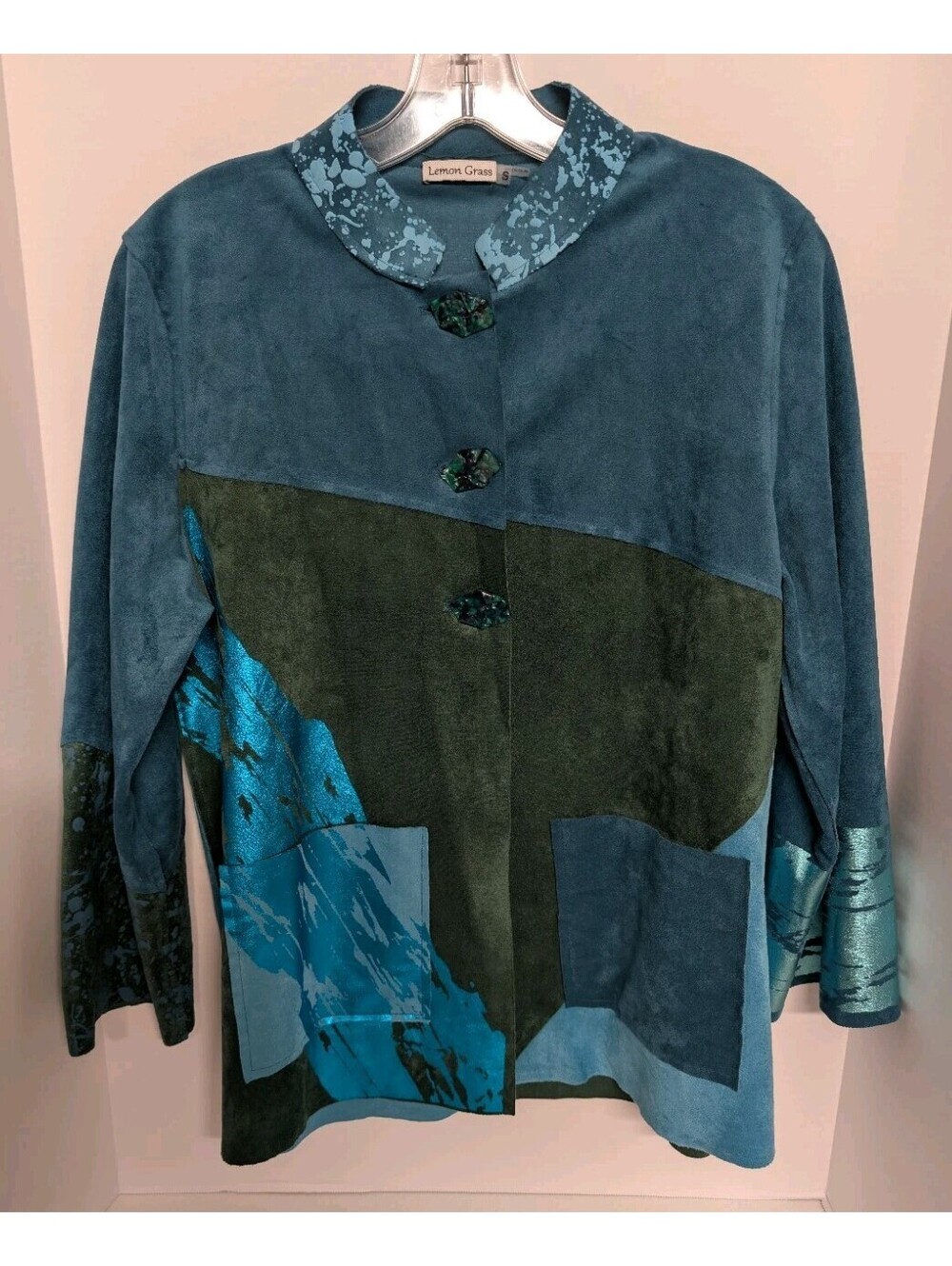 Lemon Grass Women's Teal/Blue Patchwork Jacket Mixed Media Metallic Design Small